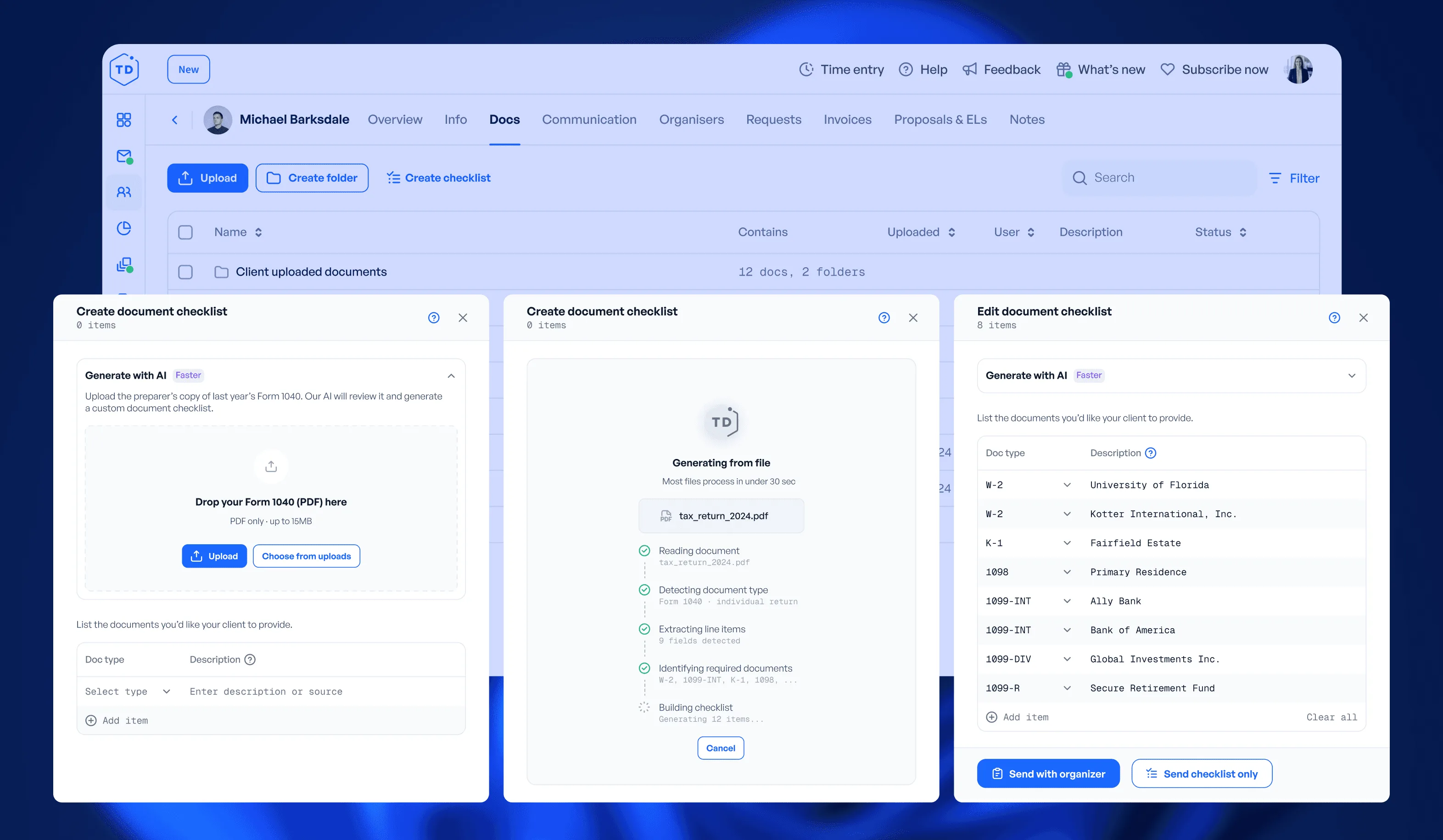 Create document checklist: generate with AI from last year’s Form 1040, then edit the proposed documents