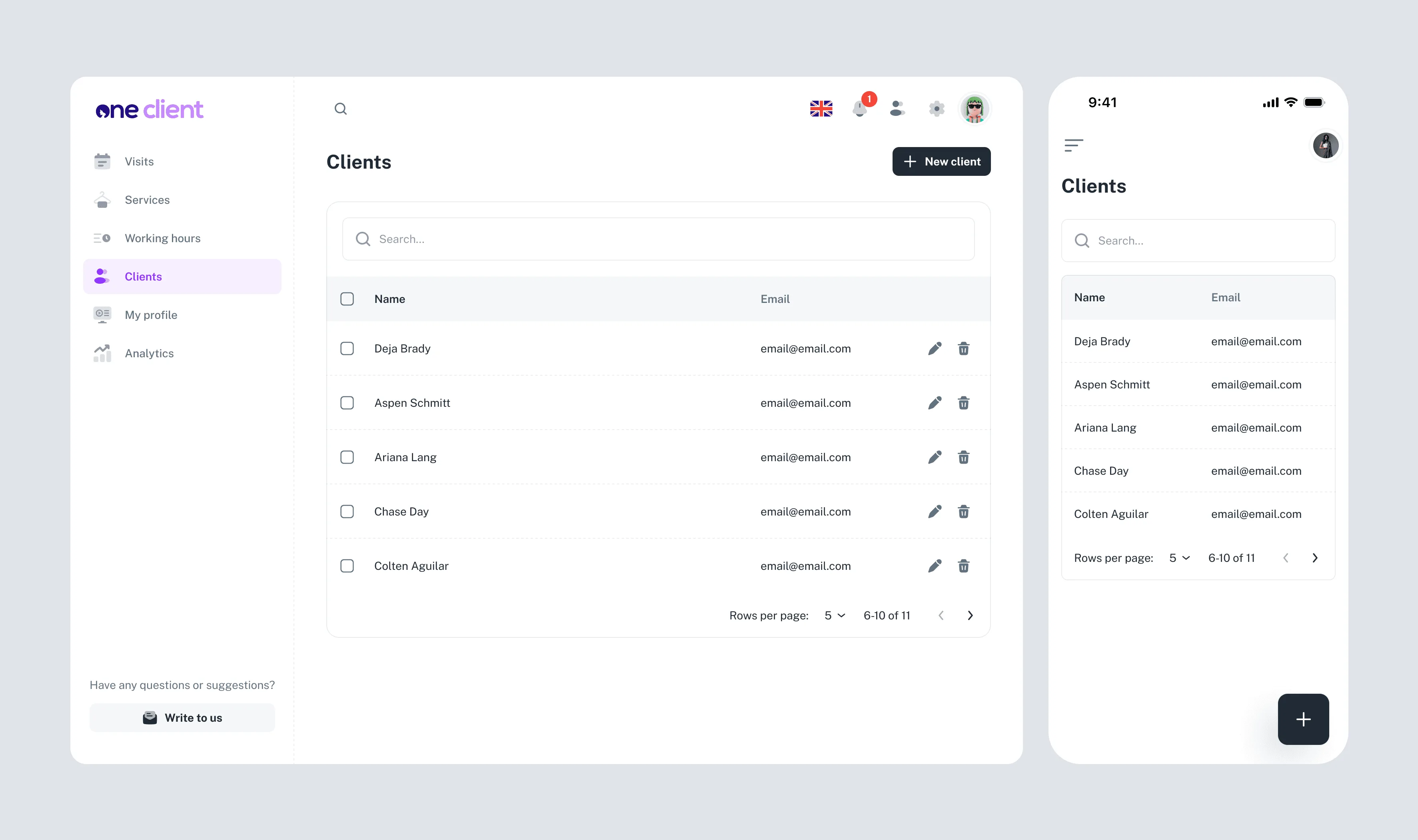 Clients list on desktop and mobile with name, email and quick add
