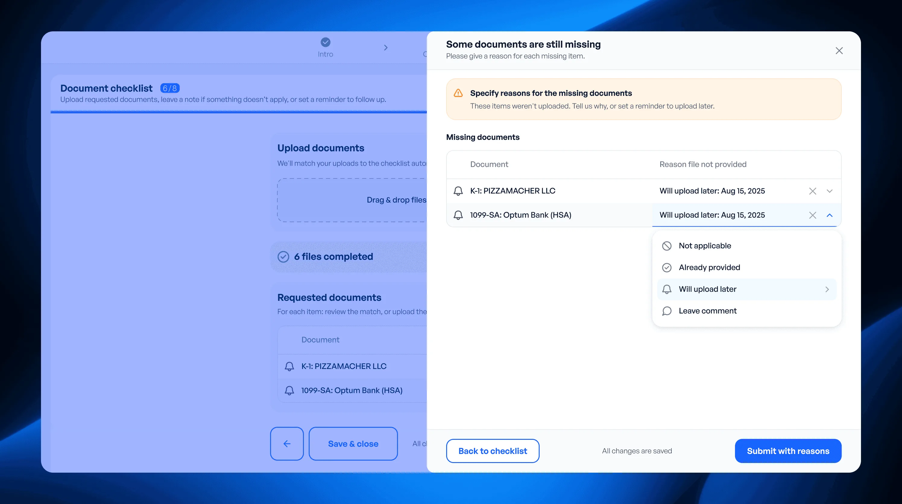 Submit sidebar asking the client for a reason for each missing document