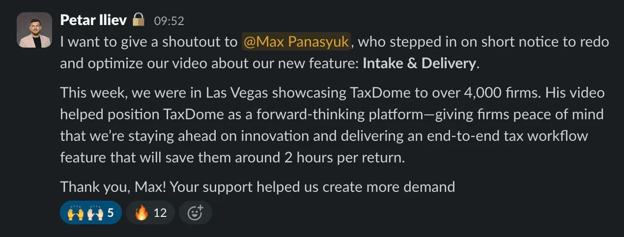 Slack shout-out thanking Max for presenting Intake & Delivery at the TaxDome forum in Las Vegas